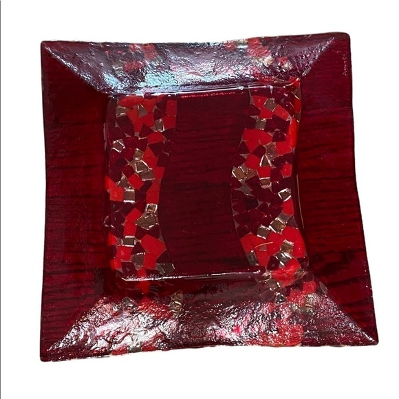 Vintage Fused  Red Glass Dish Wall Art Minimalist Mosaic Detail Signed Arcotex - Picture 9 of 12